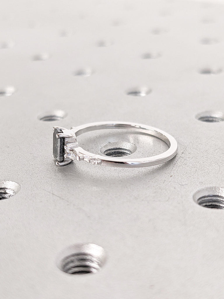 0.5-2.25ct Salt and Pepper Diamond Ring, Vintage 18k/14k White Gold Emerald Cut Engagement Ring, Round, Marquise Moissanite Side Stones