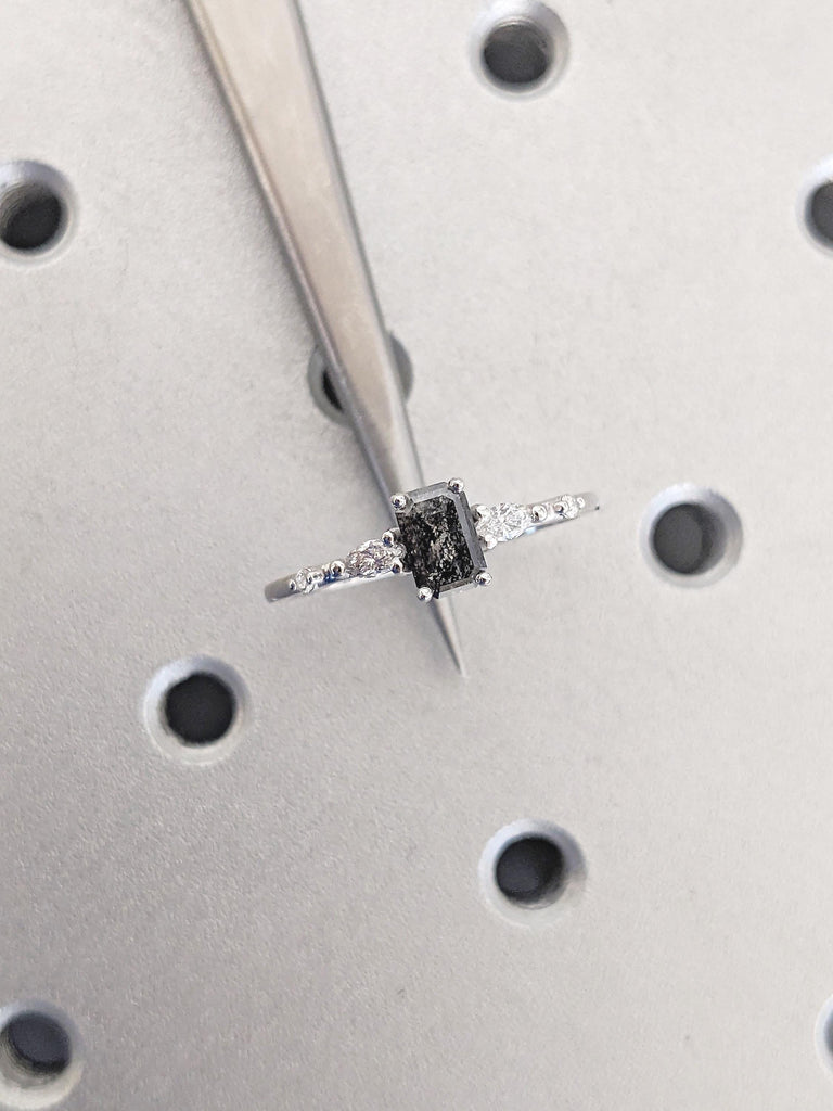 0.5-2.25ct Salt and Pepper Diamond Ring, Vintage 18k/14k White Gold Emerald Cut Engagement Ring, Round, Marquise Moissanite Side Stones