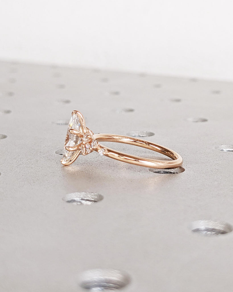 Marquise Lab Grown Diamond 14K Rose Gold Engagement Ring, Unique Snowdrift 6 Prong Diamond Cluster Promise Ring Vintage Wedding Ring for Her