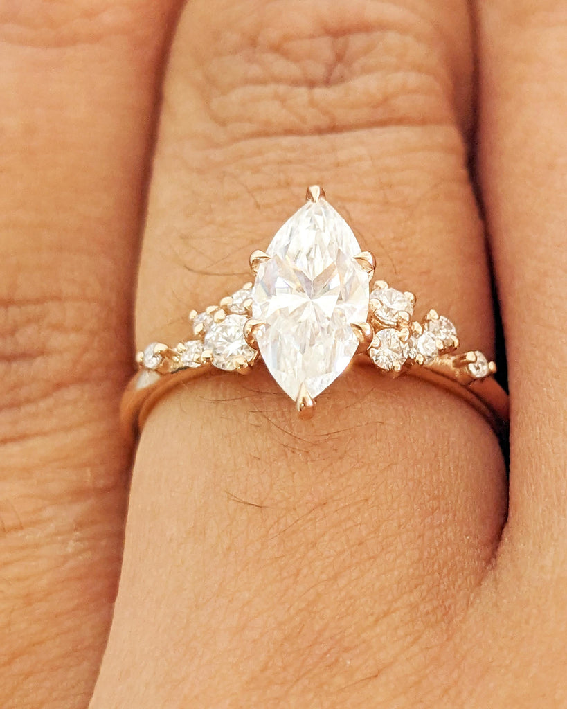 Marquise Lab Grown Diamond 14K Rose Gold Engagement Ring, Unique Snowdrift 6 Prong Diamond Cluster Promise Ring Vintage Wedding Ring for Her
