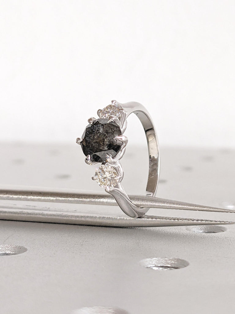 Unique 14k White Gold Salt and Pepper Diamond Engagement Ring, Polished Finish Round Cut Trellis Setting Ring, Past Present Future Ring