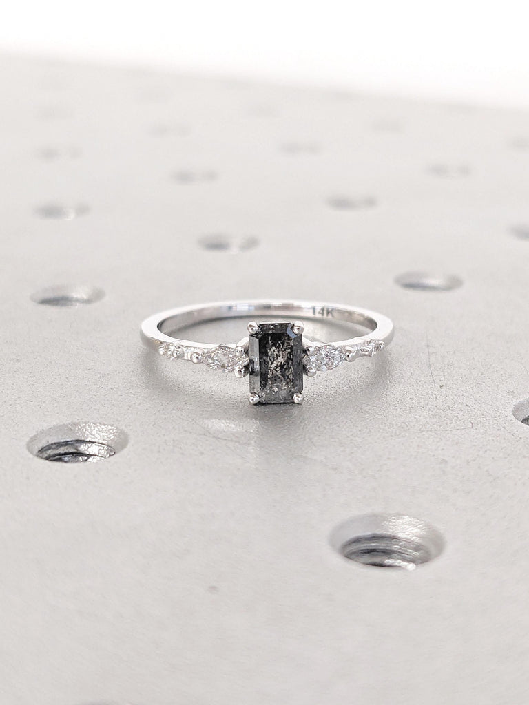 Emerald Cut Salt and Pepper Diamond Engagement Ring