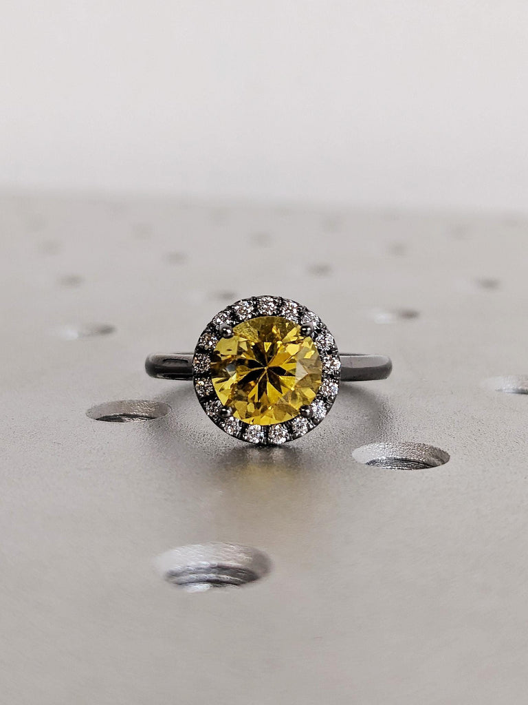 September Birthstone Engagement Ring, Round Yellow Sapphire Anniversary Wedding Band, Diamond Halo Promise Ring