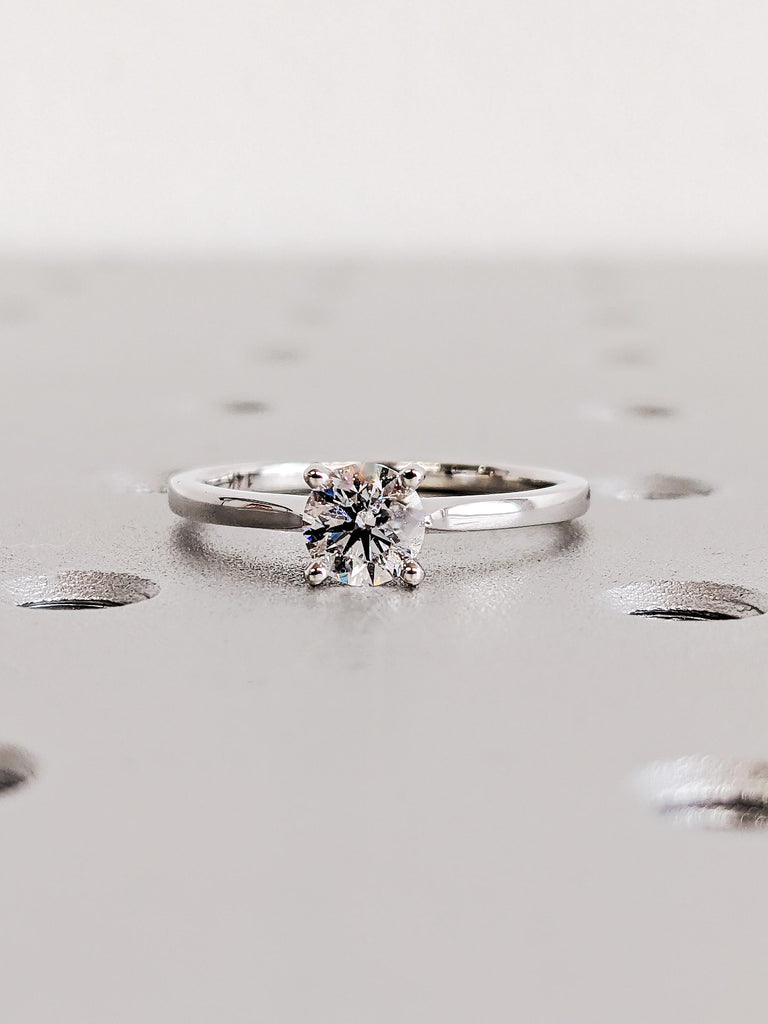Solitaire Round Lab Diamond Engagement Ring, Minimalist 14K White Diamond Wedding Band