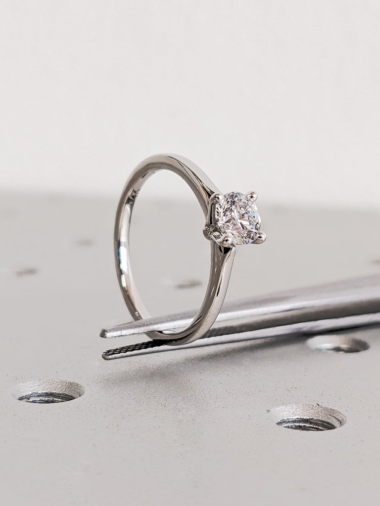 Solitaire Round Lab Diamond Engagement Ring, Minimalist 14K White Diamond Wedding Band