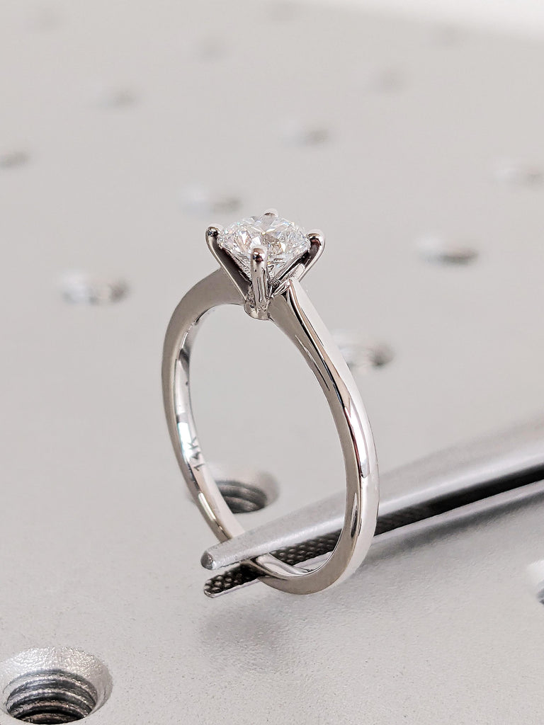 Solitaire Round Moissanite Engagement Ring, Minimalist 14K White Moissanite Wedding Band