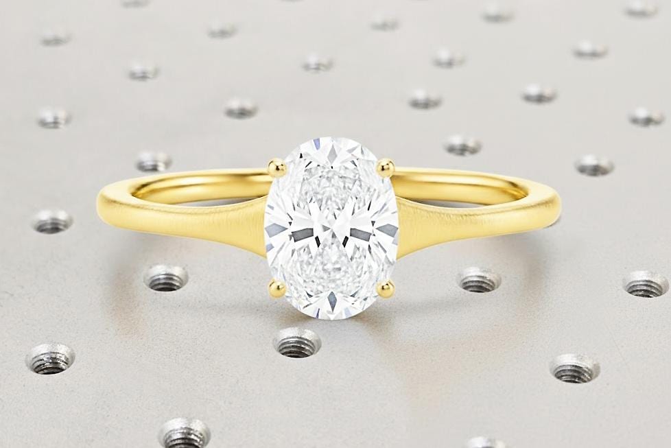 0.5 CT Oval cut Moissanite Solitaire Engagement in 14K Yellow Gold Ring with Modern Tapered Shank Minimalist Design
