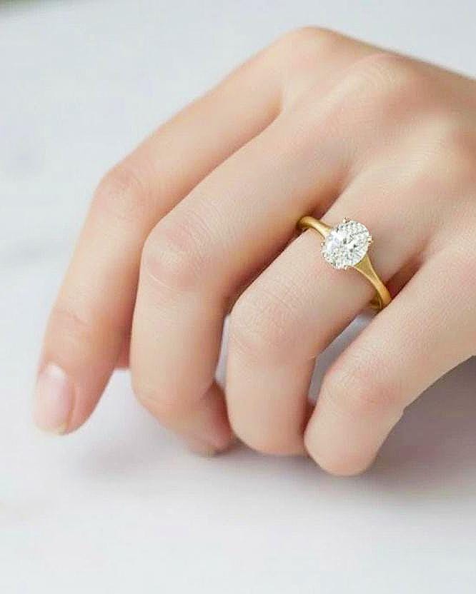 Oval Engagement Ring: 0.5 Carat Lab Created Oval Diamond, Tapered Shank, 14K Yellow Gold