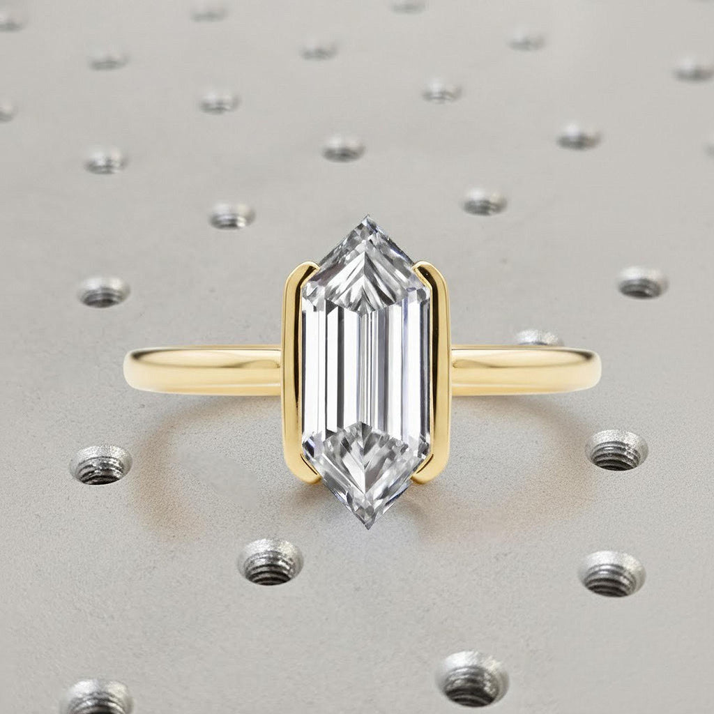 Elongated Hexagon Moissanite Ring | 2 Carat Moissanite Wedding Ring | Half Bezel Set Engagement Ring | Colorless Moissanite Bridal Ring