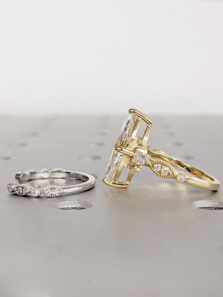 14K Gold Prong Set Marquise Moissanite Ring Set: Bridal Wedding Band