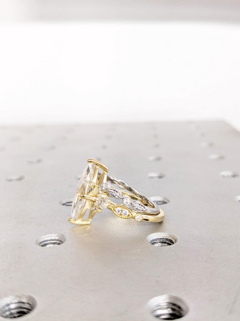 Art Deco Moissanite Engagement Ring Set, Marquise Cut Wedding Ring Set, 14K Yellow Gold Ring Set with Milgrain Diamond Matching Ring For Her