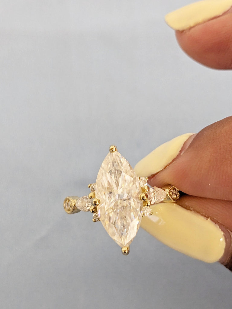 Art Deco Moissanite Engagement Ring Set, Marquise Cut Wedding Ring Set, 14K Yellow Gold Ring Set with Milgrain Diamond Matching Ring For Her