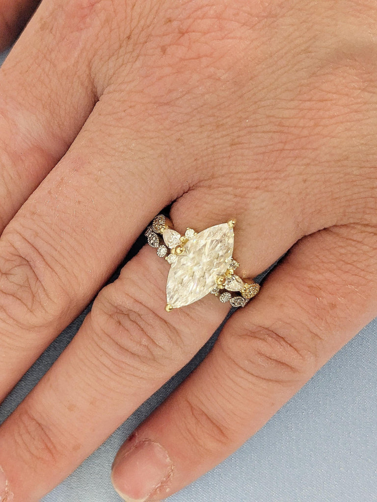 Art Deco Moissanite Engagement Ring Set, Marquise Cut Wedding Ring Set, 14K Yellow Gold Ring Set with Milgrain Diamond Matching Ring For Her