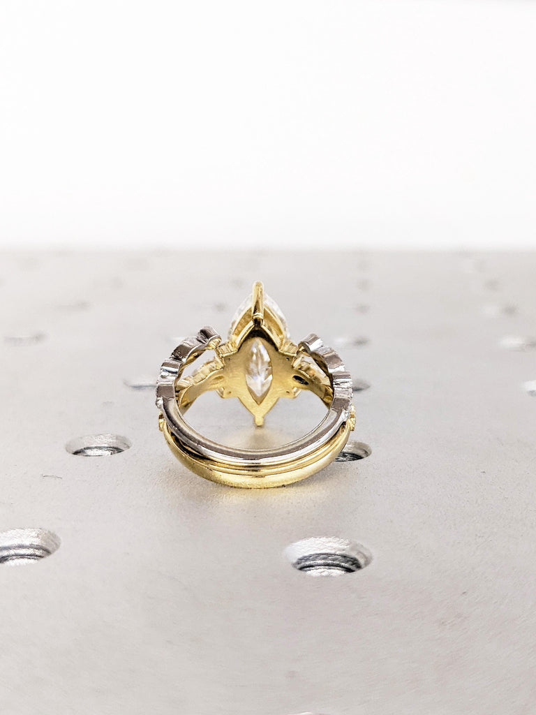 Moissanite Bridal Ring Set, 14K Yellow Gold Marquise Moissanite Engagement Ring Set, Round Lab Diamond Matching Ring, Wedding Bridal Jewelry