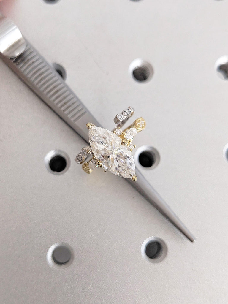Marquise Moissanite Bridal Set: 14K Gold Diamond Engagement Ring