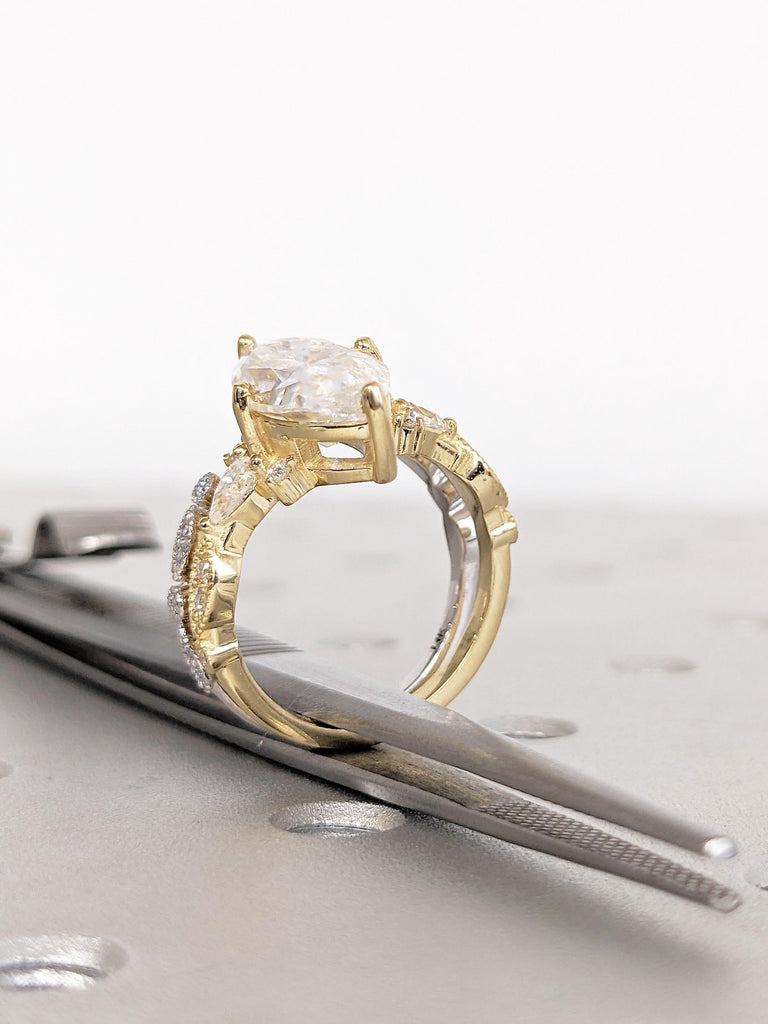 Marquise Lab Diamond Bridal Set: 14K Gold Pave Engagement Ring