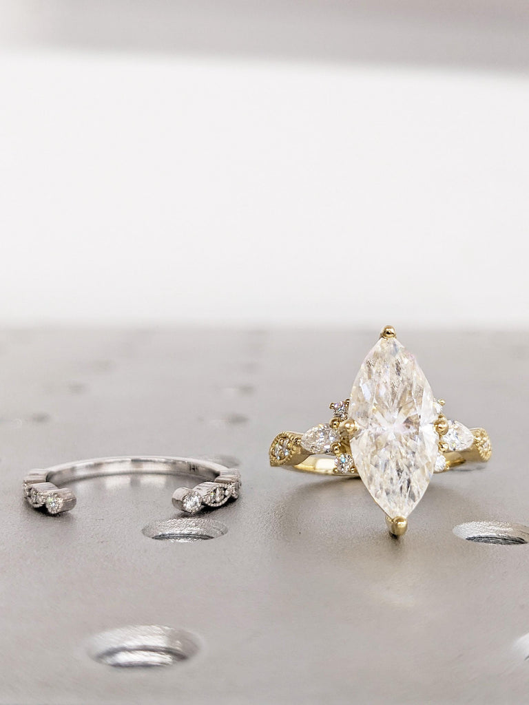 Marquise Lab Diamond Bridal Set, 14K Yellow Gold, Engagement and Matching Rings