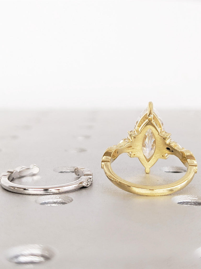 14K Yellow Gold Marquise Cut Lab Diamond Bridal Ring Set, White Gold Matching Band