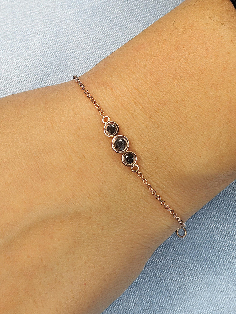 Salt and Pepper Diamond Bracelet, 14K Solid Rose Gold Delicate Bezel Diamond Chain, Minimalist Wrist Bracelet, Women's Everyday Jewelry
