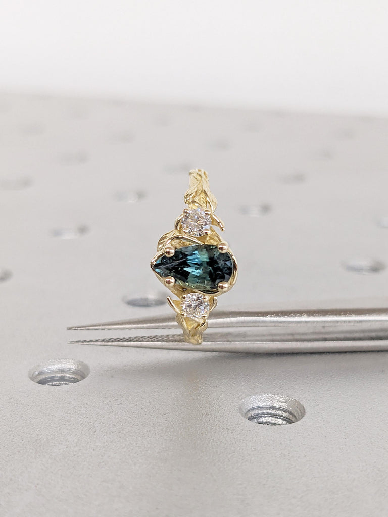 1 Carat Montana Sapphire Ring, 14k Yellow Gold Nature Inspired Pear Shaped Engagement Ring, Natural Diamond and September Birthstone Jewelry image #9