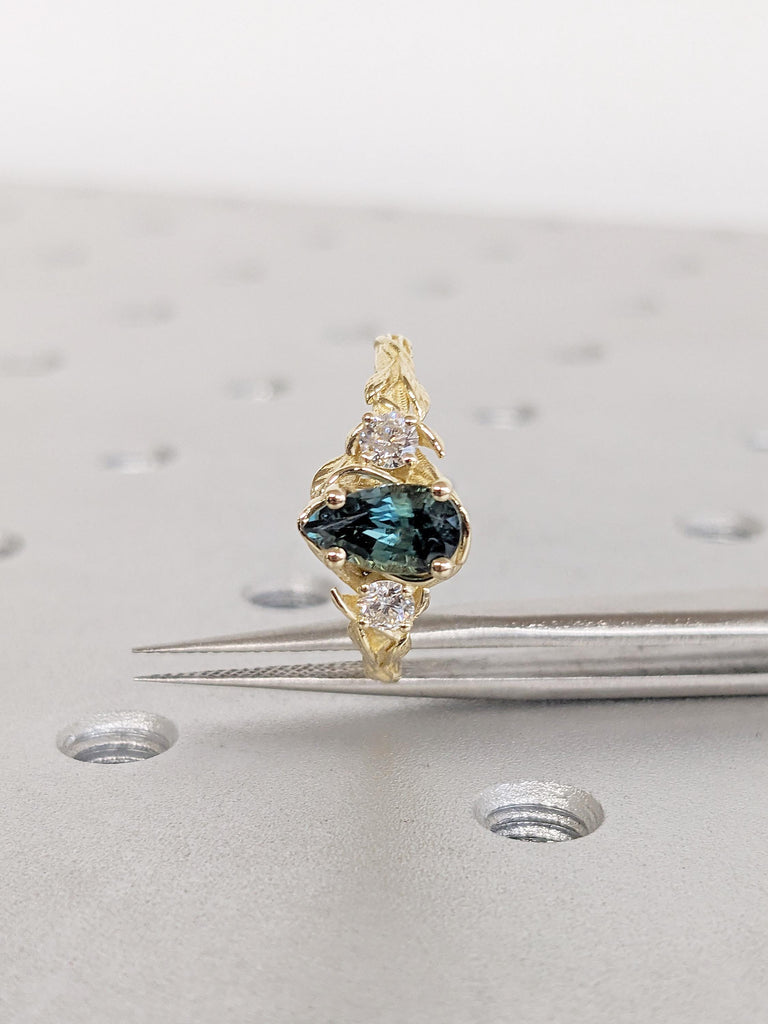 Nature Inspired Engagement Ring, 14k Solid Gold Pear Cut Teal Sapphire Ring for Women image #9