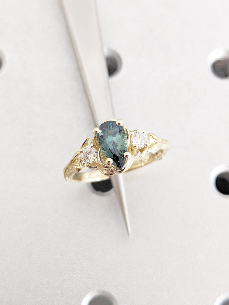 Nature Inspired Engagement Ring, 14k Solid Gold Pear Cut Teal Sapphire Ring for Women image #14