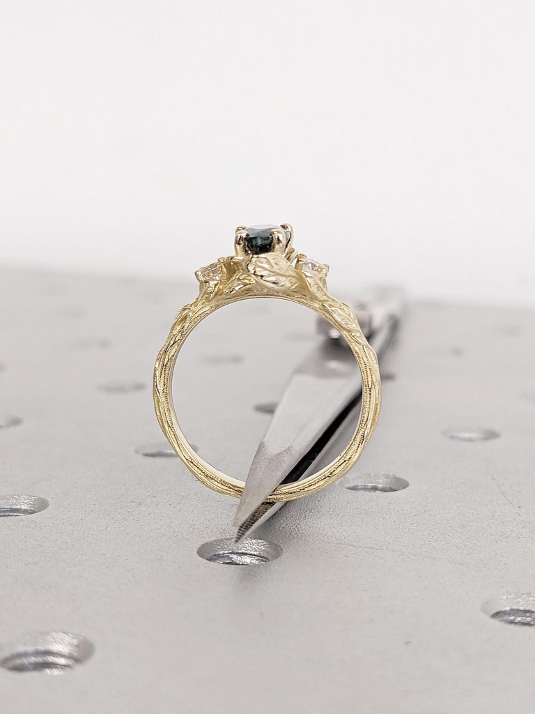 Nature Inspired Engagement Ring, 14k Solid Gold Pear Cut Teal Sapphire Ring for Women image #6