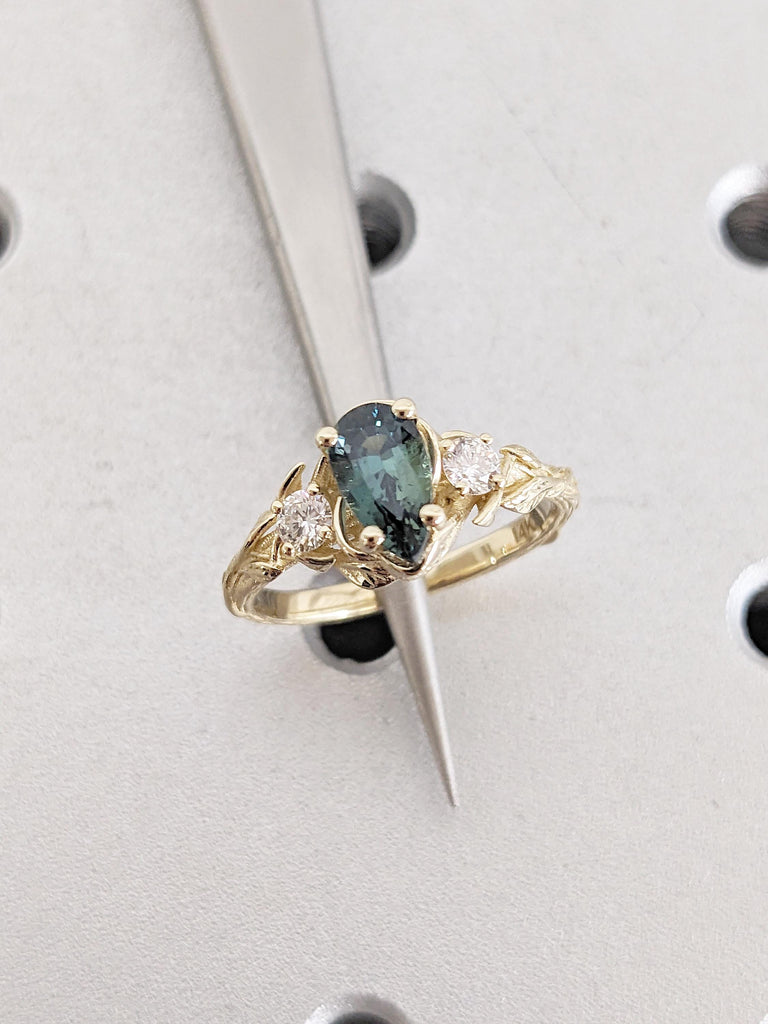 Nature Inspired Engagement Ring, 14k Solid Gold Pear Cut Teal Sapphire Ring for Women image #12