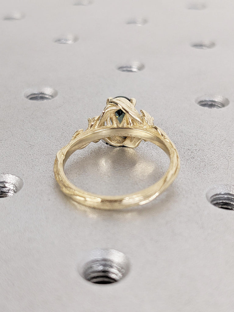 Nature Inspired Engagement Ring, 14k Solid Gold Pear Cut Teal Sapphire Ring for Women image #4