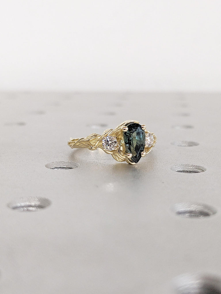 Nature Inspired Engagement Ring, 14k Solid Gold Pear Cut Teal Sapphire Ring for Women image #8