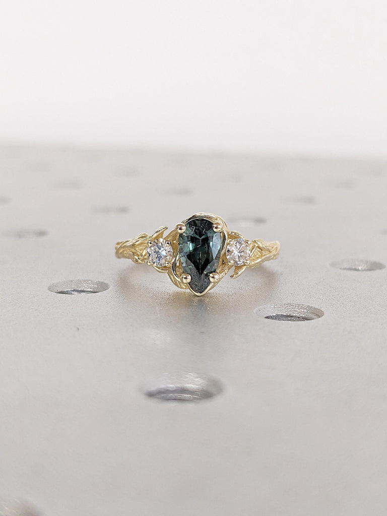 Nature Inspired Engagement Ring, 14k Solid Gold Pear Cut Teal Sapphire Ring for Women image #13