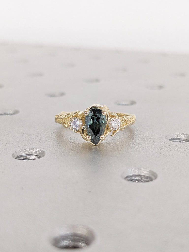 Nature Inspired Engagement Ring, 14k Solid Gold Pear Cut Teal Sapphire Ring for Women image #3
