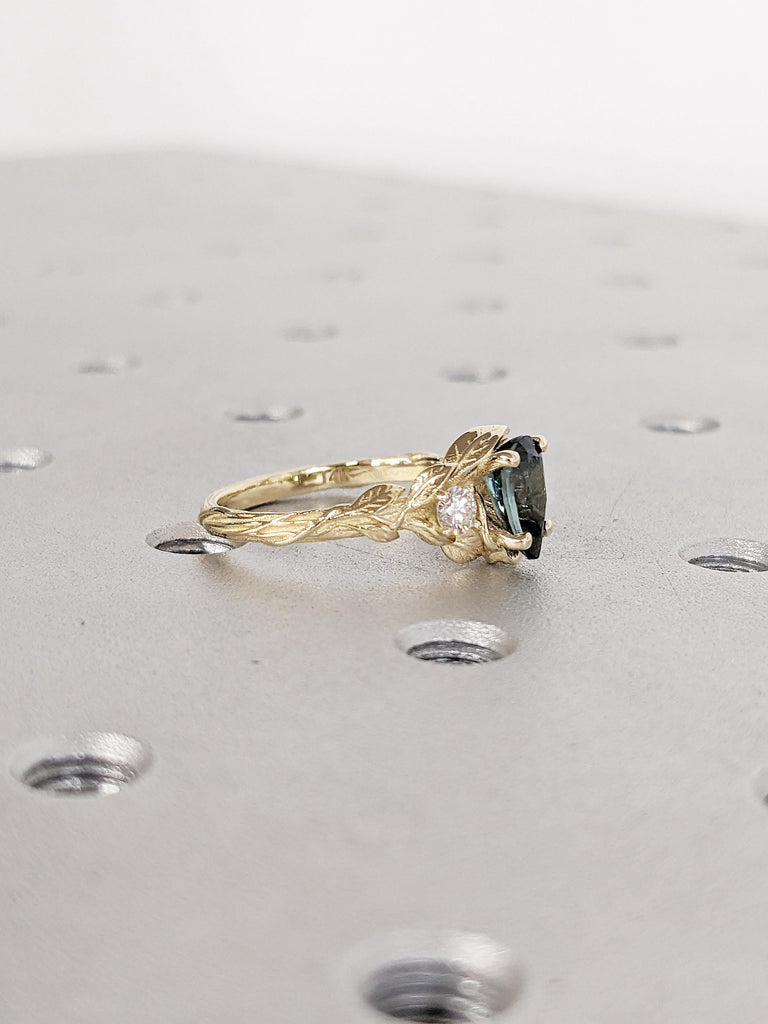 1 Carat Montana Sapphire Ring, 14k Yellow Gold Nature Inspired Pear Shaped Engagement Ring, Natural Diamond and September Birthstone Jewelry image #5