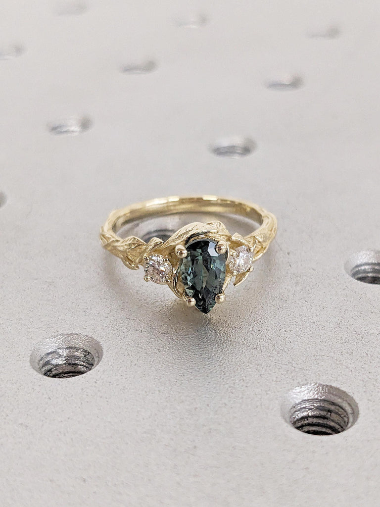 Nature Inspired Engagement Ring, 14k Solid Gold Pear Cut Teal Sapphire Ring for Women image #11