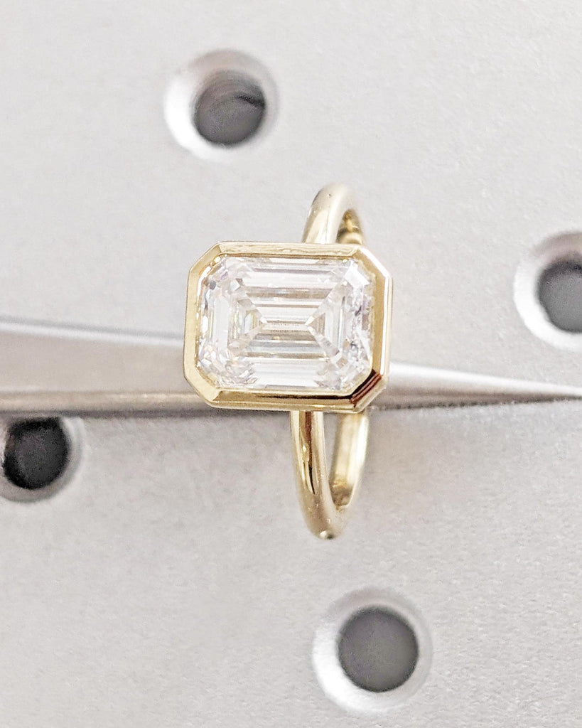 Bezel Set Emerald Cut Lab Grown Diamond Solitaire Ring | IGI Certified Lab Diamond | 14K Solid Gold Vintage Engagement Ring | Statement Ring