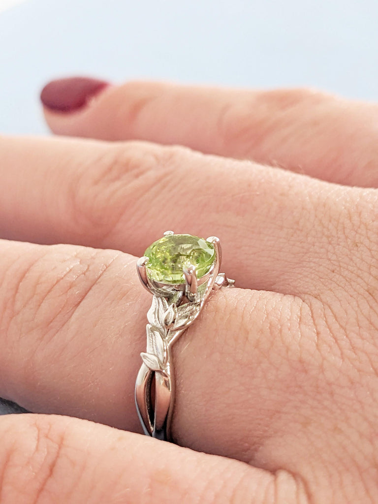 Peridot Engagement Ring, 14K/18K White Gold, Women's Leaf Peridot Ring, August Birthstone, Green Peridot Gemstone Ring, Promise Ring For Her