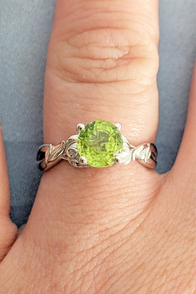 Peridot Engagement Ring, 14K/18K White Gold, Women's Leaf Peridot Ring, August Birthstone, Green Peridot Gemstone Ring, Promise Ring For Her