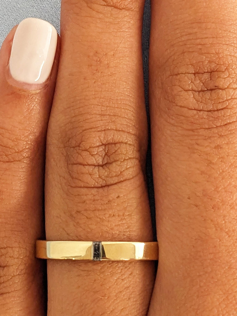 Personalized Women's Wedding Band, Dainty Baguette Cut Salt and Pepper Diamond Ring, 3mm Solid Gold Band