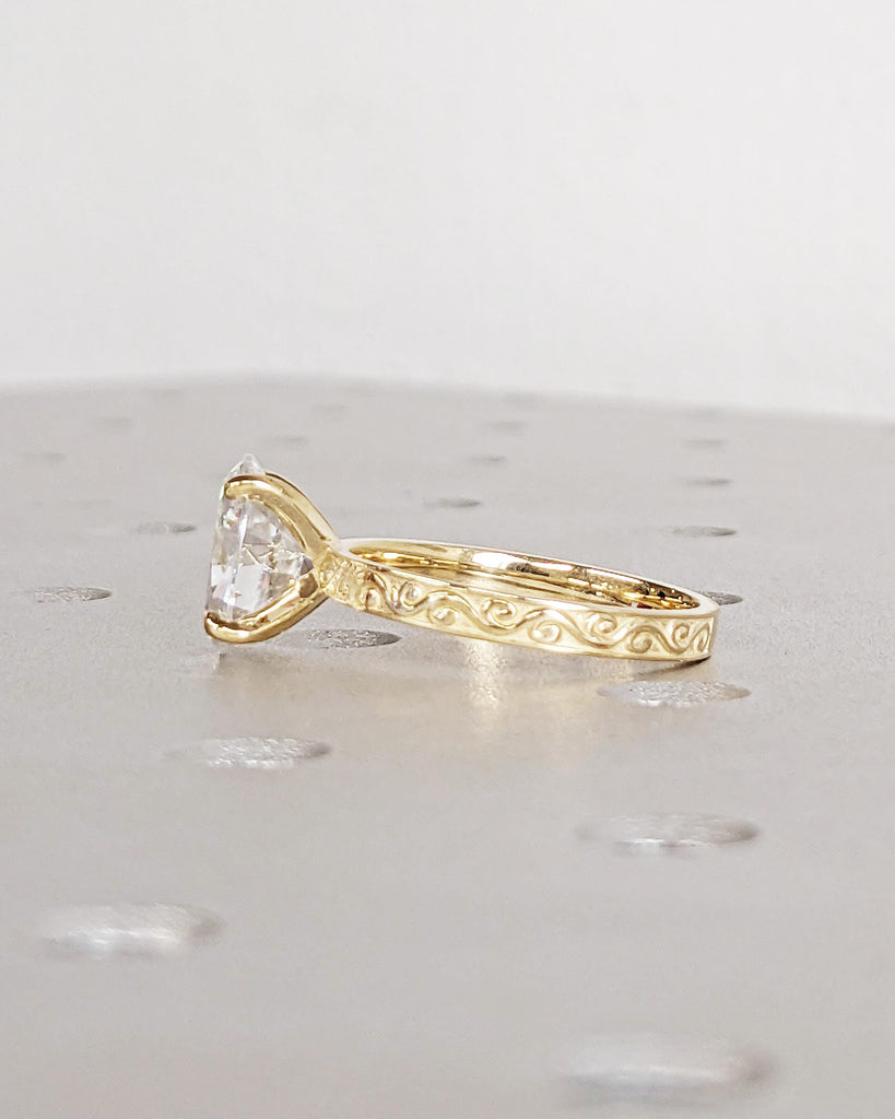 Oval Moissanite Solitaire Promise Ring | Vintage Inspired 14K 18K Yellow Gold Band for Her | Filigree Scrollwork Pattern Women Wedding Band
