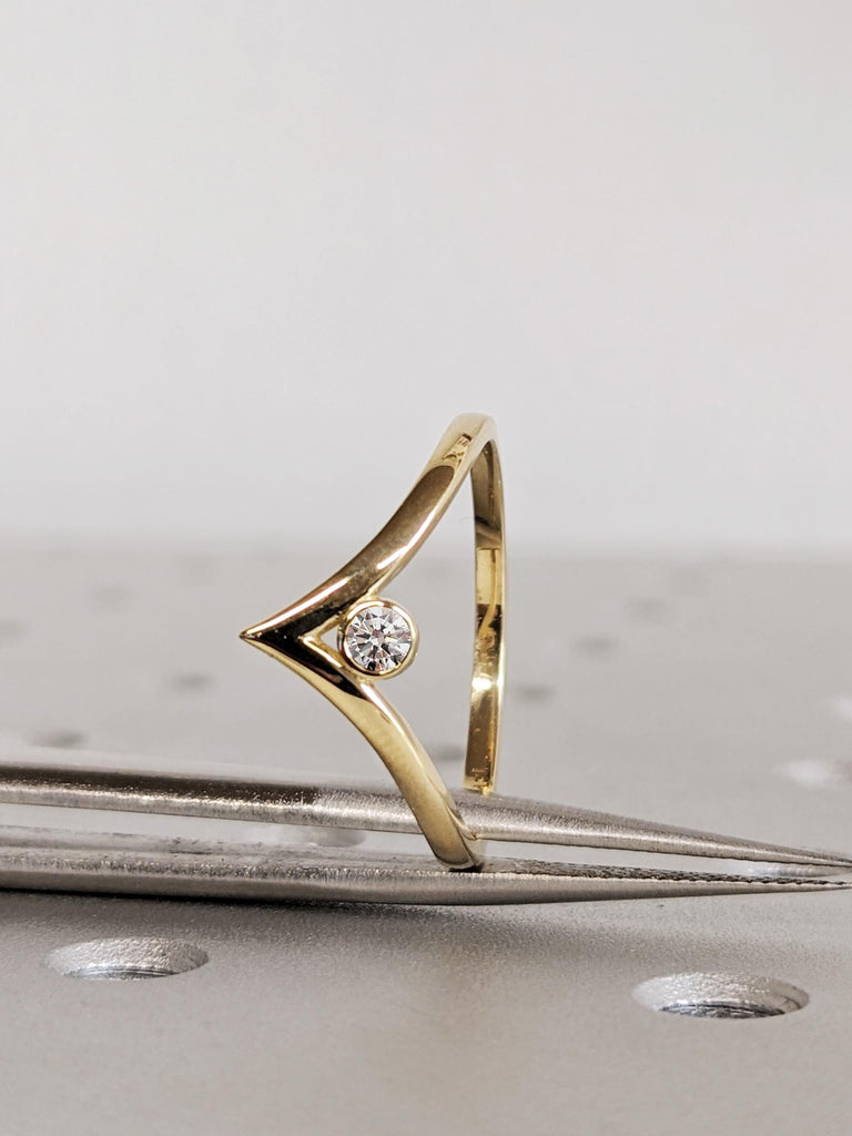V Shaped Diamond Matching Ring, 14K Solid Yellow Gold Chevron Ring, Bridal Matching Wedding Band, Women's Stacking Ring, Anniversary Gift