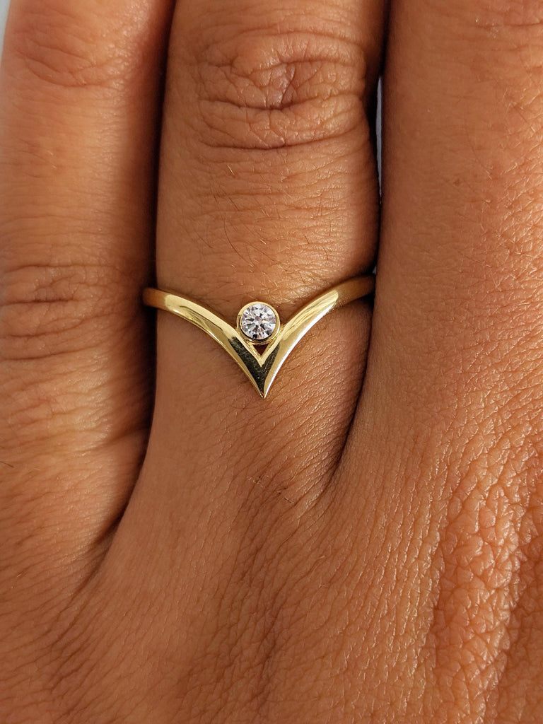 V Shaped Diamond Matching Ring, 14K Solid Yellow Gold Chevron Ring, Bridal Matching Wedding Band, Women's Stacking Ring, Anniversary Gift