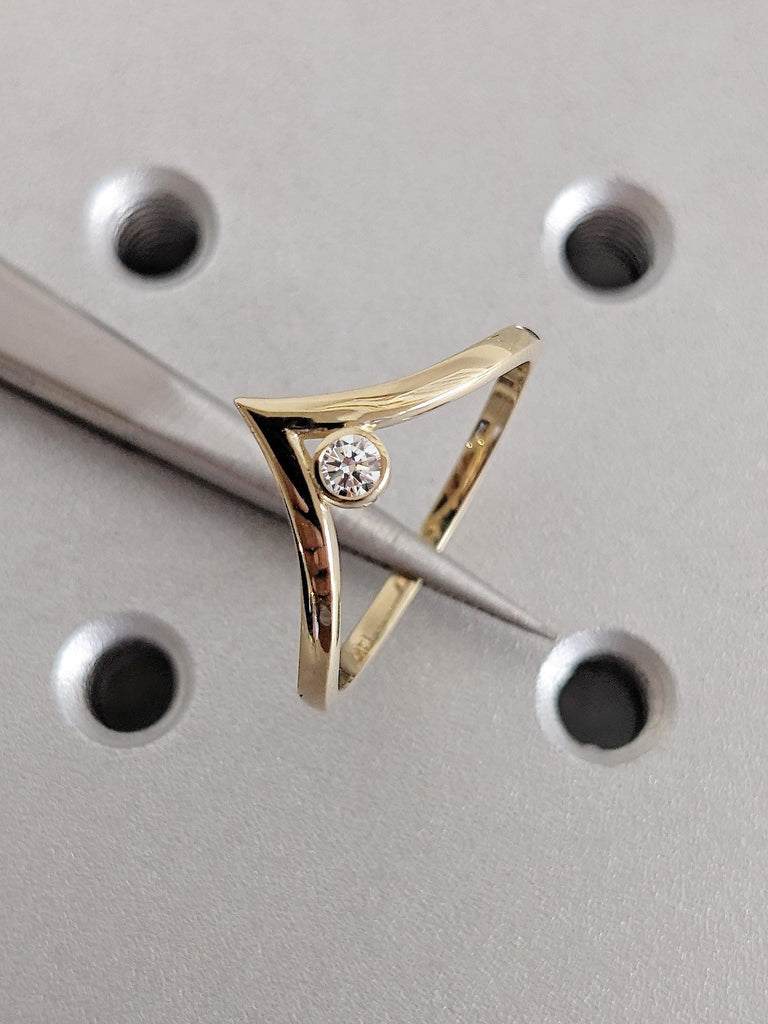 V Shaped Diamond Matching Ring, 14K Solid Yellow Gold Chevron Ring, Bridal Matching Wedding Band, Women's Stacking Ring, Anniversary Gift
