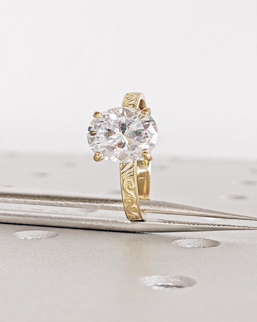 Oval Moissanite Solitaire Promise Ring | Vintage Inspired 14K 18K Yellow Gold Band for Her | Filigree Scrollwork Pattern Women Wedding Band