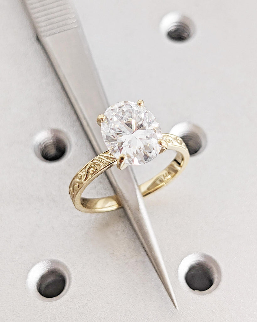 Vintage Oval Engagement Ring, Lab Grown Diamond Solitaire, Art Deco Filigree, 14K Yellow Gold