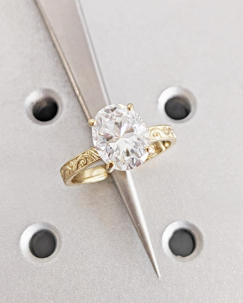 Oval Lab Diamond Solitaire Wedding Anniversary Promise Ring, Swirl Pattern Bridal Band, Custom Scrollwork Engraving Antique Women Gold Band