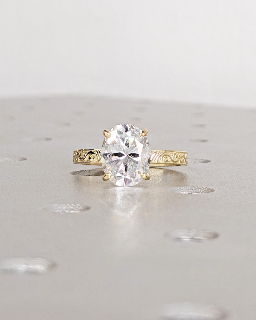 2.5ct Oval Lab Diamond Solitaire Ring, IGI Certified, Filigree Swirl Pattern, 14K Yellow Gold