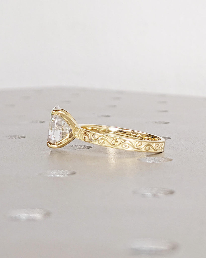 2.5ct Oval Lab Diamond Solitaire Ring, IGI Certified, Filigree Swirl Pattern, 14K Yellow Gold