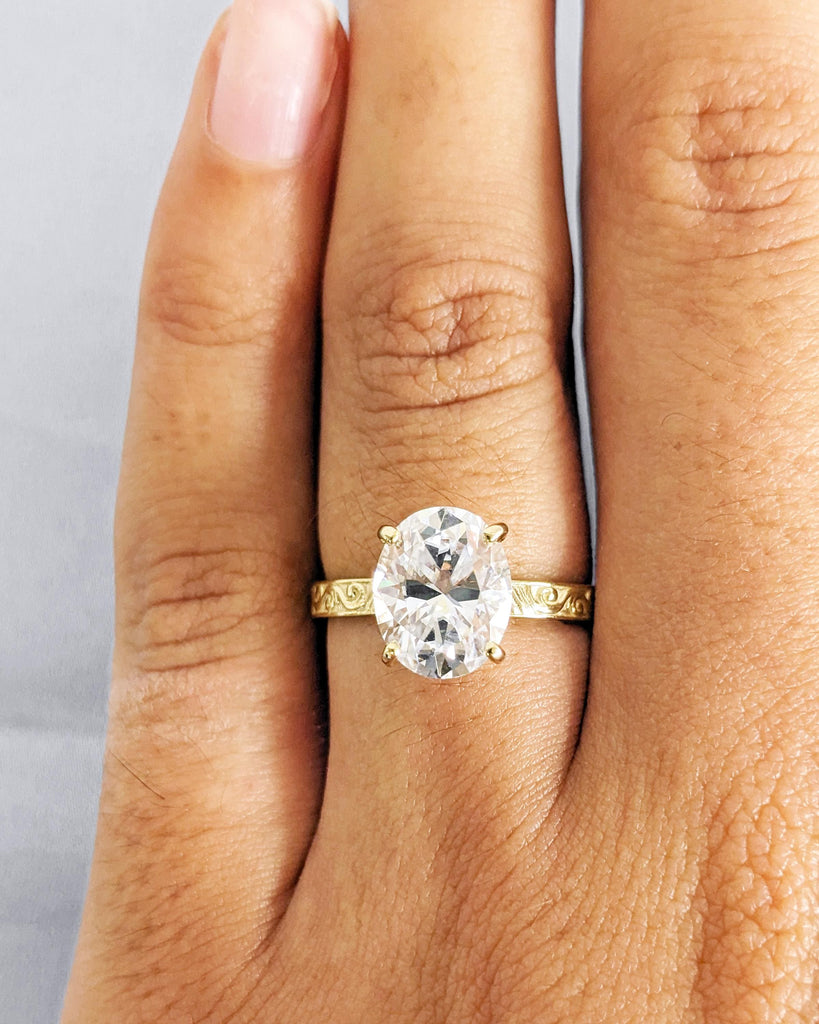 2.5CT Oval Lab Grown Diamond Solitaire Wedding Anniversary Promise Ring, Custom Scrollwork Engraving Antique Swirl Pattern, Bridal Gold Band