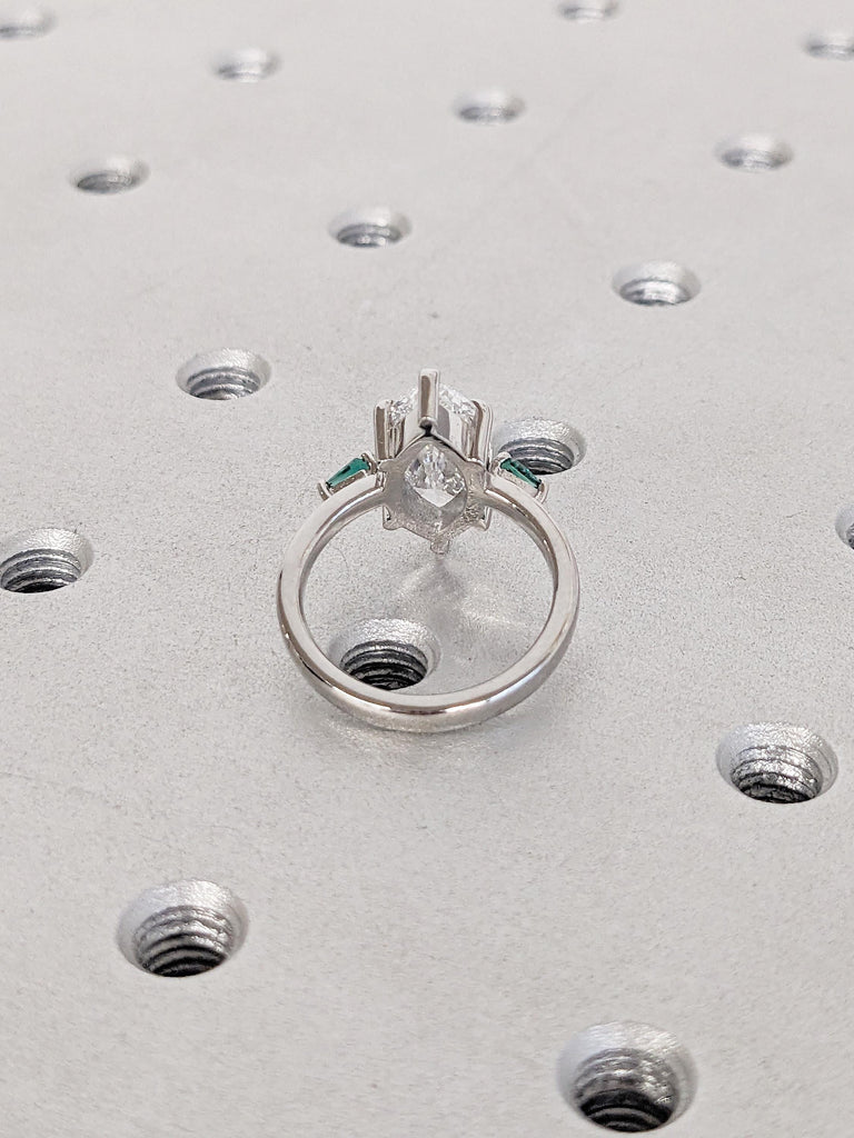 1ct, 2ct Lab Grown Diamond and Lab Emerald Engagement Ring, Marquise, Kite Cut Platinum Ring, Unique Three Stone Wedding Anniversary Ring