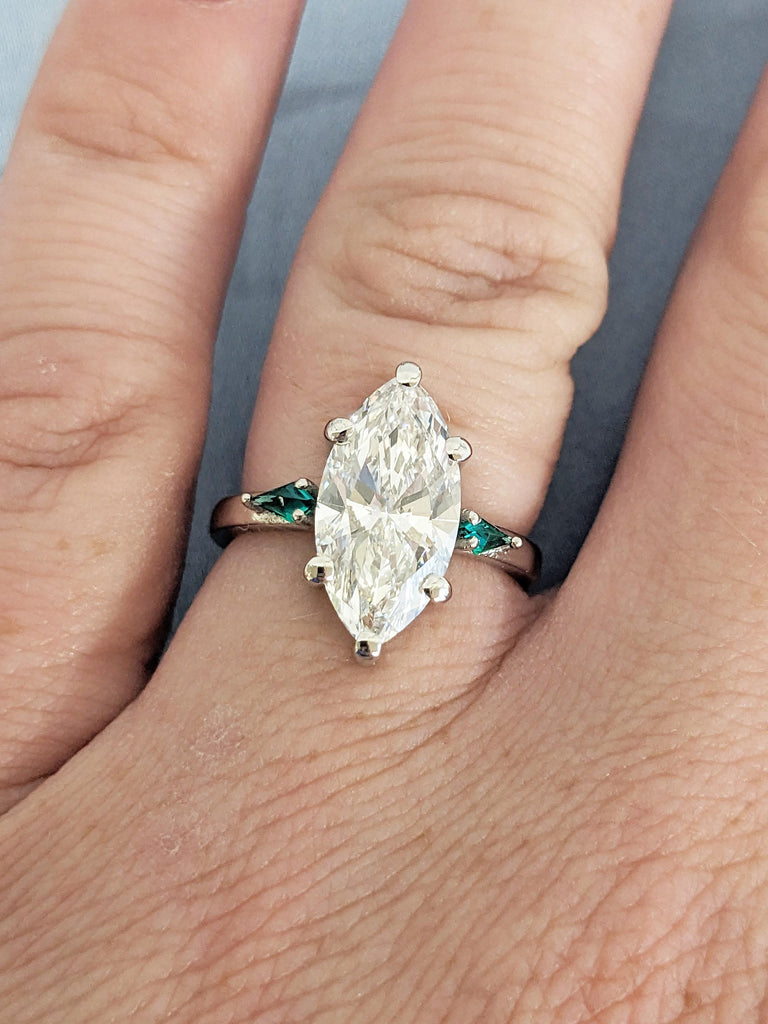 1ct, 2ct Lab Grown Diamond and Lab Emerald Engagement Ring, Marquise, Kite Cut Platinum Ring, Unique Three Stone Wedding Anniversary Ring